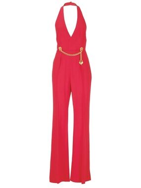 Moschino Red Halter Jumpsuit with Gold Chain Belt